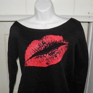 Black Off-Shoulder Longsleeve Light Sweatshirt Top Red Kiss Lips Flashdance '80s
